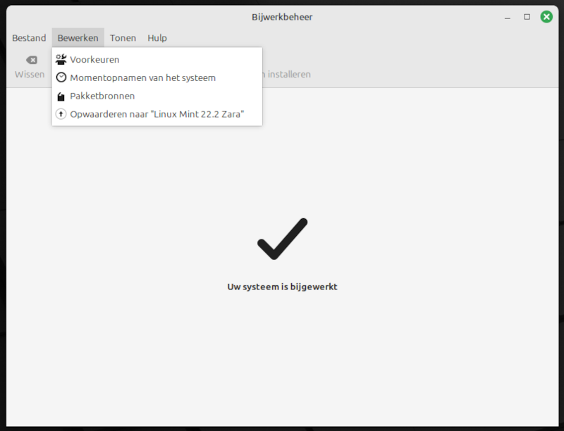 Schermafbeelding van Linux Mint Bijwerkbeheer om Linux Mint op te waarderen