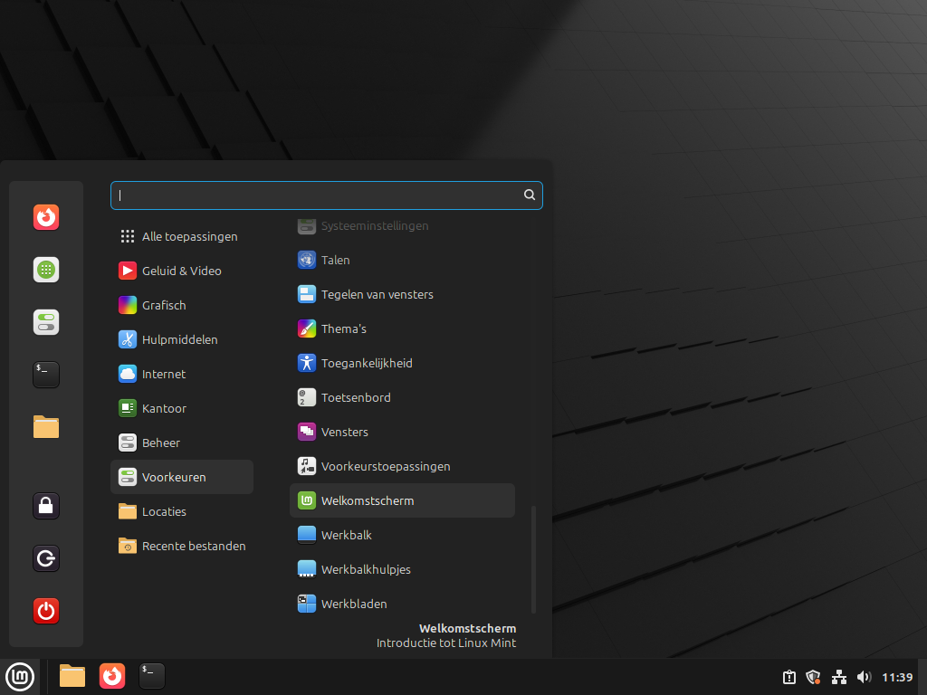 Schermafdruk van het openen van het welkomstscherm onder Linux Mint